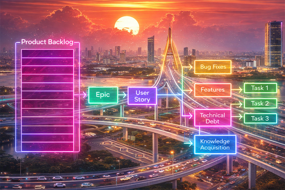 Product backlog flow diagram from epic to user story, tasks, bugs, and technical debt